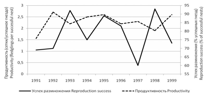Межгодовая динамика средней продуктивности на успешное гнездо и успеха размножения скопы в 1991–1999 гг.