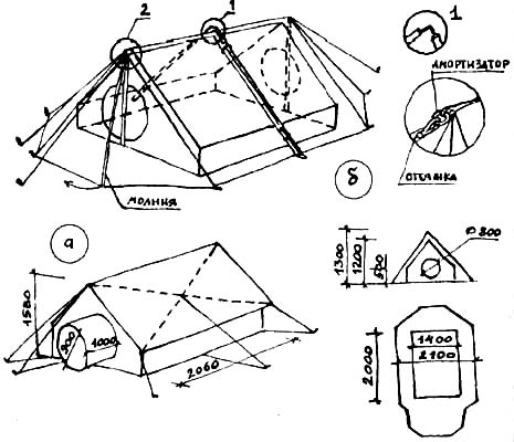 "Высотные" двускатные и двухслойные палатки: а) 1-я конструкция, внутренняя часть; б) 2-я конструкция