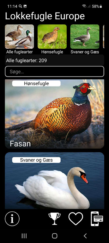 Mobil applikation Lokkefugle til Europas fugle: sange, opkald, lyde, fuglestemmer - hovedskГ¦rm med alle fuglearter