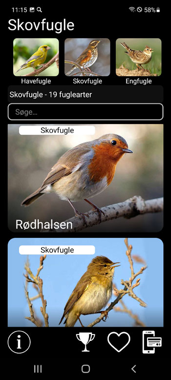 Mobil applikation Lokkefugle til Europas fugle: sange, opkald, lyde, fuglestemmer - systematiske og Гёkologiske grupper