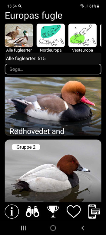 Mobil applikation Europas fugle PRO: felt determinant, fotos, stemmer - vejledning til identifikation af marken - hovedskГ¦rm med alle fuglearter