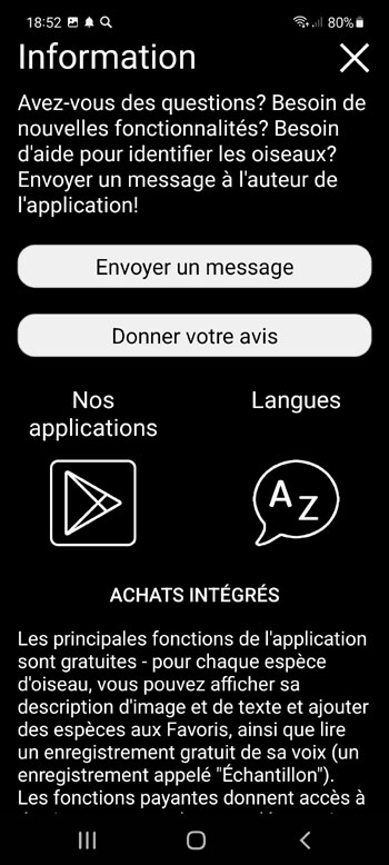 Application Mobile Sons d'Oiseaux EuropГ©ens PRO: Chants, Appels et Voix - Г‰cran d'information