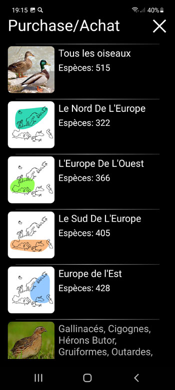 Application Mobile Oiseaux d'Europe Guide PRO: dГ©terminateur de terrain, photos et voix - Г‰cran d'achat intГ©grГ©