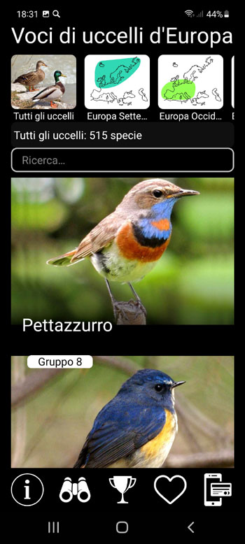 Applicazione mobile Voci di uccelli d'Europa PRO: canzoni, chiamate e grida - schermata principale con tutte le specie di uccelli