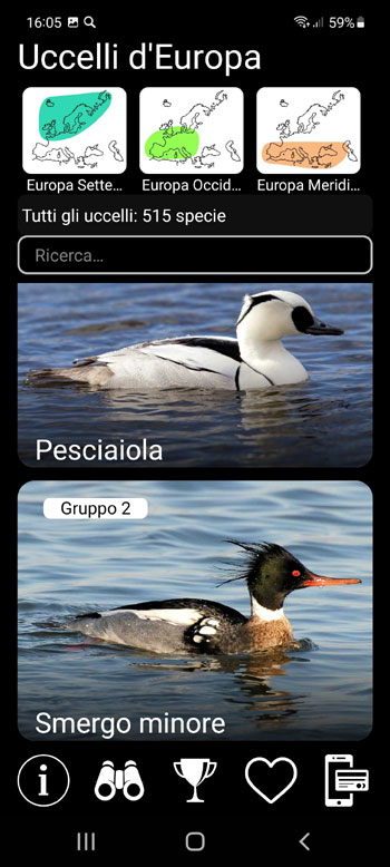 Applicazione mobile Voci di uccelli d'Europa PRO: canzoni, chiamate e grida - schermo dei gruppi sistematici, regionali ed ecologici