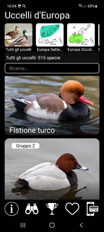 Applicazione mobile Uccelli d'Europa PRO: guida all'identificazione sul campo, foto, voci - schermata principale con tutte le specie di uccelli