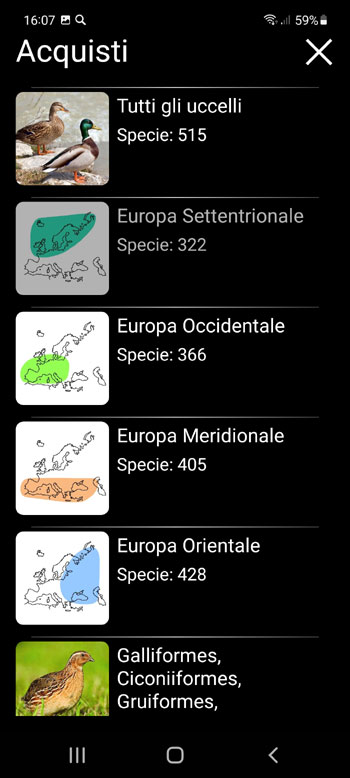 Applicazione mobile Uccelli d'Europa PRO: guida all'identificazione sul campo, foto, voci - Schermata di acquisto in-app