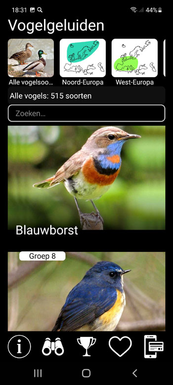 Mobiele Applicatie Europese vogelgeluiden PRO: Liedjes, Oproepen en Stemmen - hoofdscherm met alle vogelsoorten