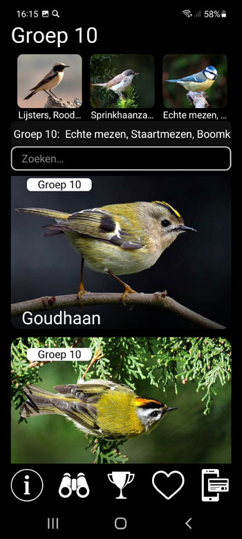 Mobiele Applicatie Europese vogelgeluiden PRO: Liedjes, Oproepen en Stemmen - systematische, regionale en ecologische groepen scherm