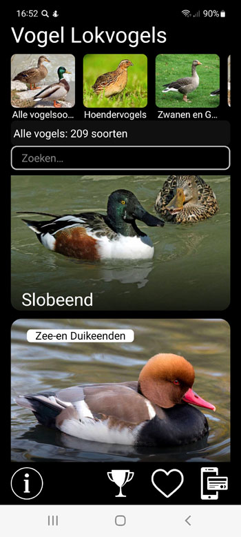 Mobiele Applicatie Lokvogel voor Europese Vogels: Liederen, Oproepen, Geluiden - hoofdscherm met alle vogelsoorten