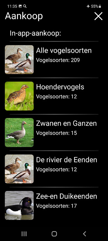 Mobiele Applicatie Lokvogel voor Europese Vogels: Liederen, Oproepen, Geluiden - In-App aankoopscherm