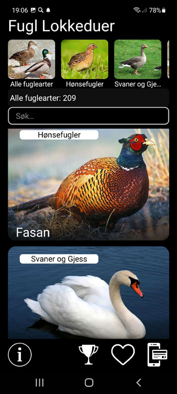 Mobilapplikasjon Europeiske fugler Lokkeduer: Sanger, Samtaler, Lyder - hovedskjerm med alle fuglearter