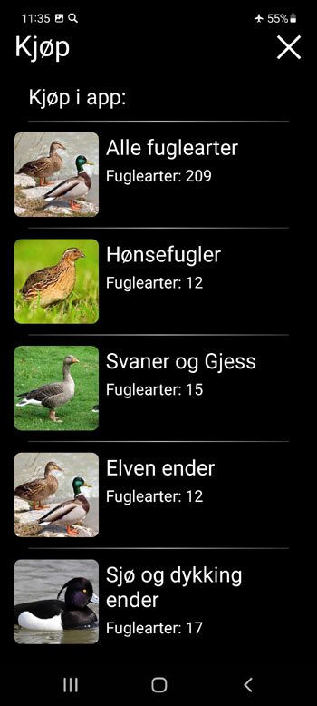 Mobilapplikasjon Europeiske fugler Lokkeduer: Sanger, Samtaler, Lyder - In-App KjГёp skjerm