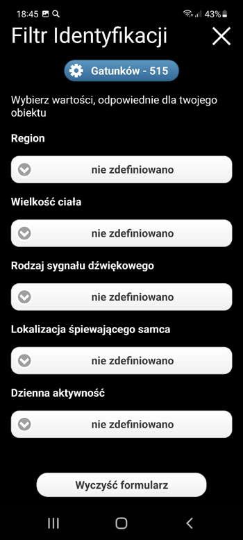 Aplikacja Mobilna GЕ‚osy ptakГіw Europy PRO: pieЕ›ni, rozmowy i gЕ‚osy - Ekran filtra identyfikacyjnego