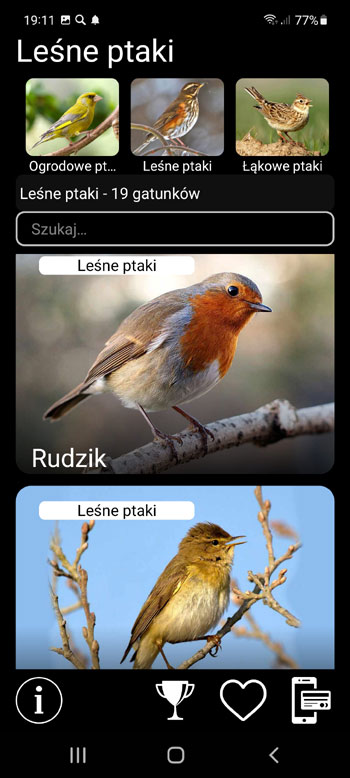 Aplikacja Mobilna Wabik na ptaki Europy: pieЕ›ni, Е›piewy, gЕ‚osy ptakГіw - grupy systematyczne, regionalne i ekologiczne