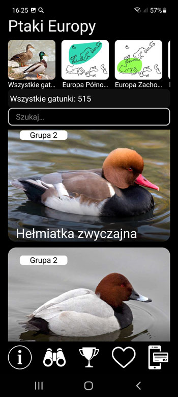 Aplikacja Mobilna Ptaki Europy PRO: wyznacznik-identyfikator terenowy, zdjД™cia, gЕ‚osy - gЕ‚Гіwny ekran ze wszystkimi gatunkami ptakГіw
