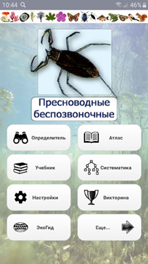Мобильный полевой определитель водных беспозвоночных России: главный экран приложения