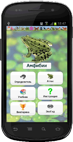 Мобильное приложение Полевой атлас-определитель земноводных для Android - главная страница