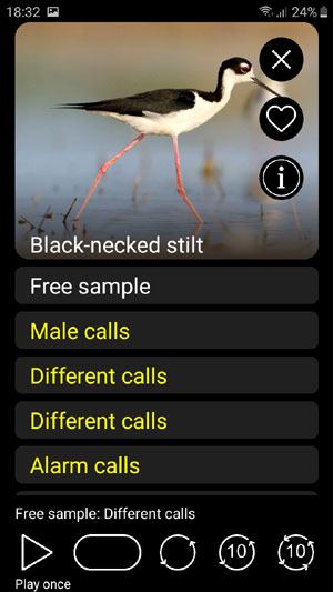 Mobile field Guide app Birds of North America: Songs, Calls and Decoys - playback options