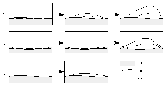 Схема 1. Динамика уровня грунтовых вод по мере нарастания торфа в различных условиях увлажнения исходного субстрата