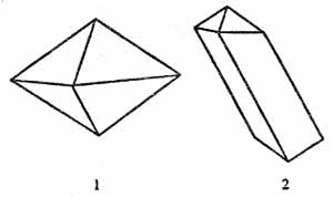 Кристаллы касситерита из пегматитов: 1 - бипирамидальный, 2 - удлиненный, искаженного облика