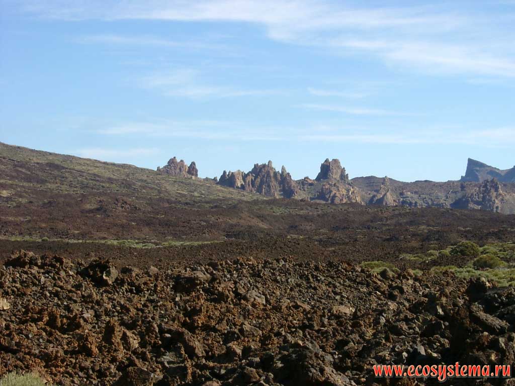 Лавовые поля 2000-летней давности в кальдере Каньядас у подножия
вулкана Тейде. Высота 2500 м над уровнем моря. Вдали — скалы Рокес-де-Гарсия
(Roques de Garcia) — результат выветривания (разрушения вулканических
горных пород)