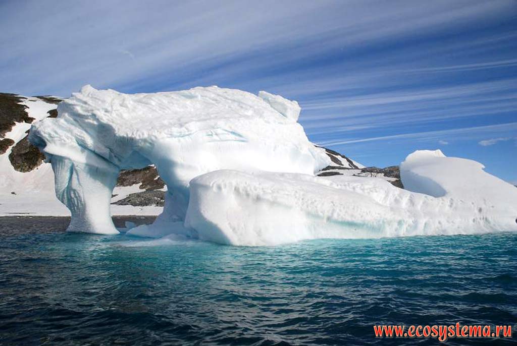 Подтаявший айсберг у берегов острова Кувервилль.
Южные Шетландские острова (северная оконечность
Антарктического полуострова, море Скотта)