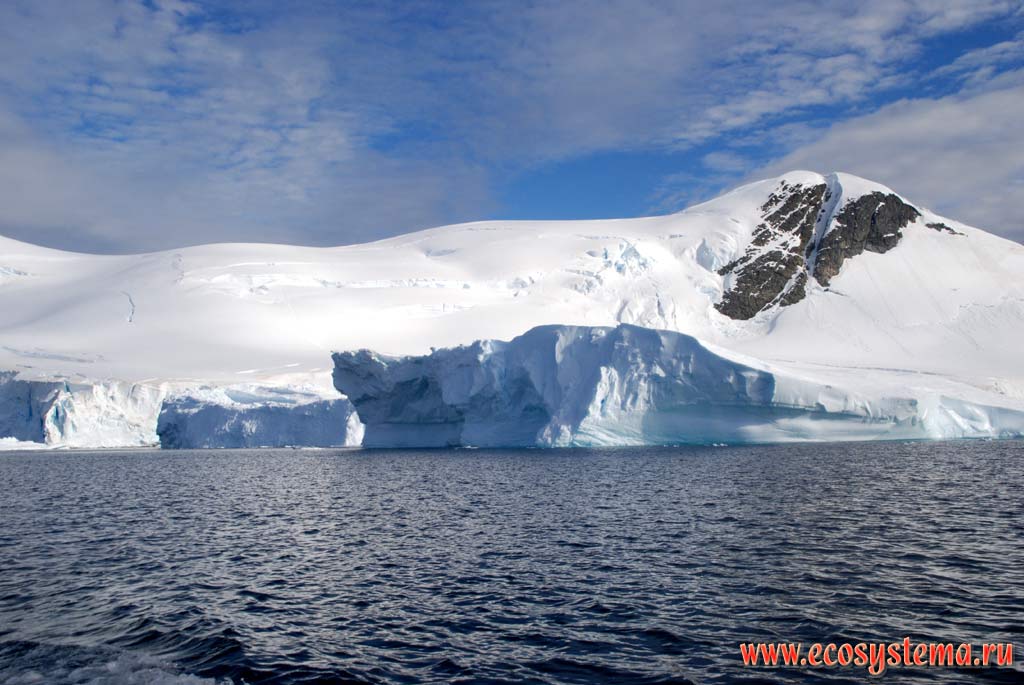 Край ледника с обрушающимися в море айсбергами.
Шельфовый ледник Ларсена, остров Кувервилль,
Южные Шетландские острова, Западная Антарктика