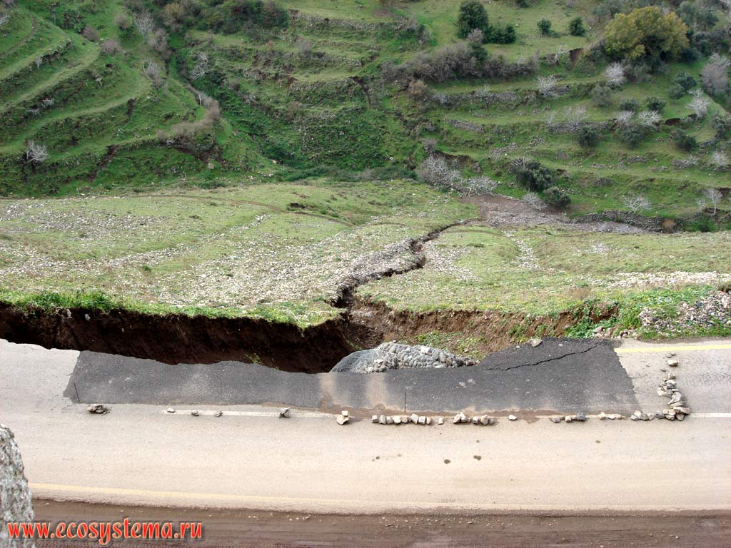 Разрушенная дорога у стен замка Крак де Шевалье на вершине холма Джебель Калак - результат водной эрозии.
Азиатское Средиземноморье, или Левант, Латакия, Западная Сирия