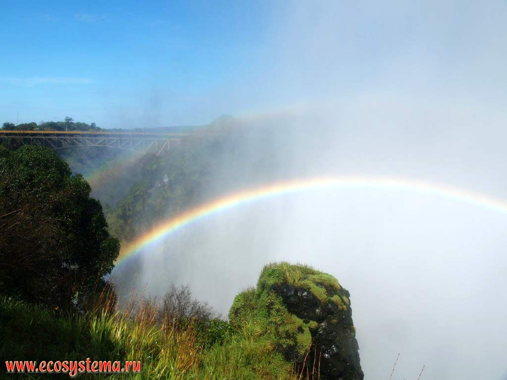 The rainbow over the Victoria Falls, or Mosi-oa-Tunya (the Smoke that Thunders) on the Zambezi River.
The Victoria Falls railway Bridge is far away. Mosi-oa-Tunya National Park, Southern Zambia, South African Plateau