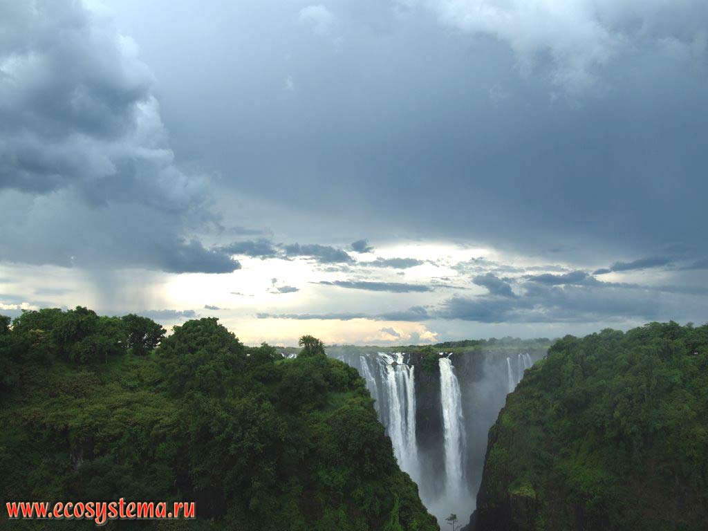 Водопад Виктория на реке Замбези в окружении вечнозеленых влажных тропических лесов.
Национальный парк «Гремящий Дым» («Mosi-oa-Tunya»), южная Замбия, Южно-Африканское плоскогорье