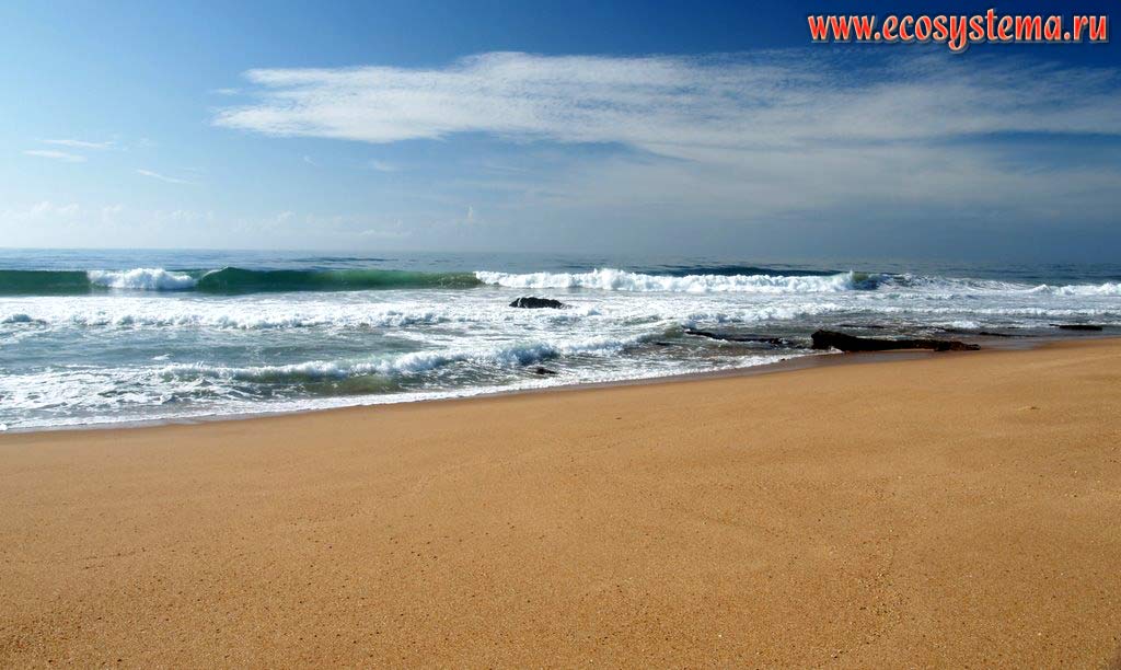 Sandy beach on the Indian Ocean shore. Blythedale Beach resort, The Dolphin Coast, KwaZulu-Natal Province, or «The Zulu Kingdom»,
South African Plateau, South African Republic near the border with Lesoto