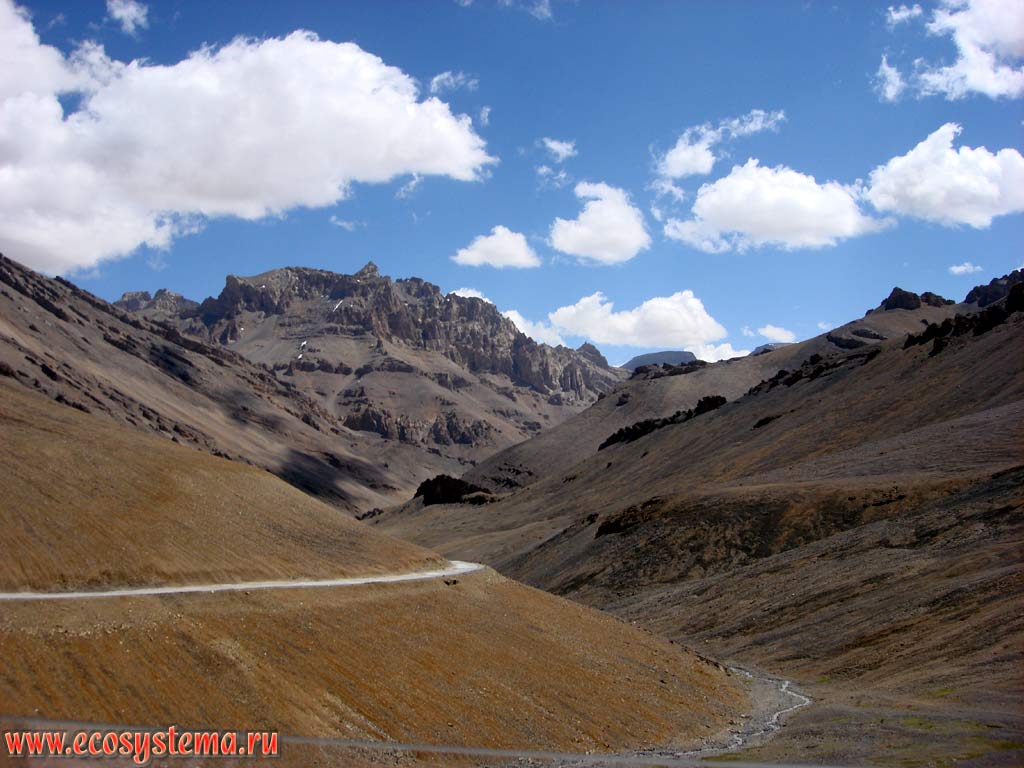 The road to the pass of La Lachang, built on a huge talus (scree slopes) of the valley in the altitudinal zone of the alpine desert. Alpine relief, height is about 4,600 m above sea level. Himachal Pradesh, Northern India