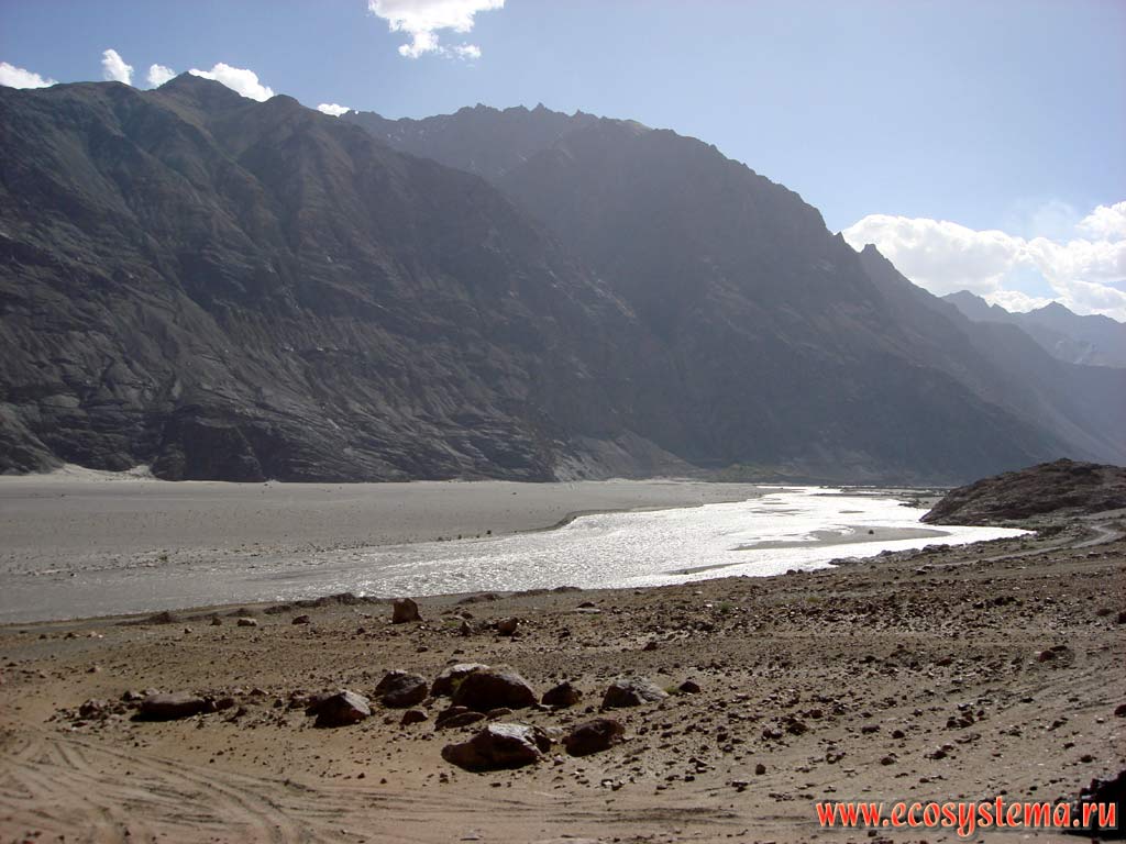 Пойма и русло реки Инд на дне долины, сложенной аллювиальными отложениями в межгорной впадине, разделяющей Большие и Малые Гималаи. Высота около 4500 м над уровнем моря. Штат Химачал-Прадеш, север Индии