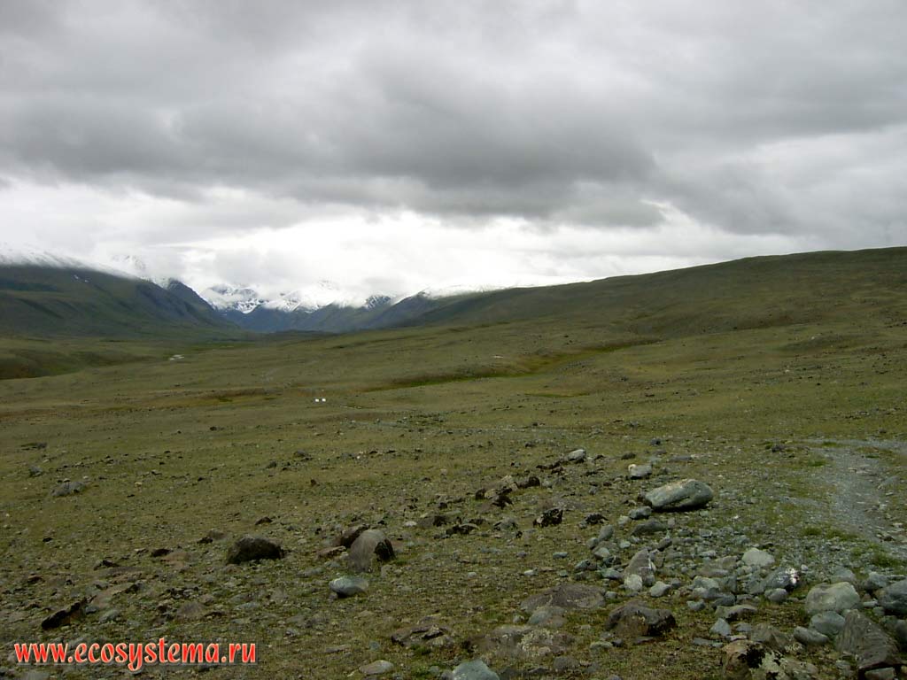 Dry mountain steppe at the foot of the South-Chu Range. The tract and the river valley Elangash, near the village of Beltir destroyed by the earthquake of 2003. Kosh-Agach District, Altai Republic