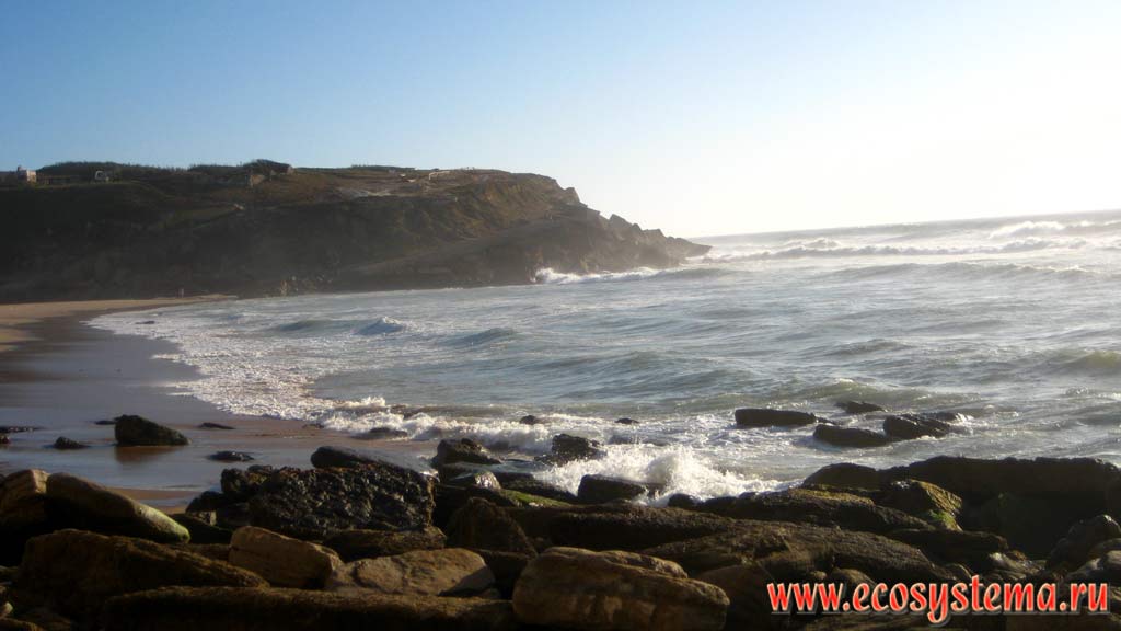 Абразионный берег Атлантического океана с песчаным пляжем в полосе прибоя на западном побережье Португалии.
Пиренейский полуостров