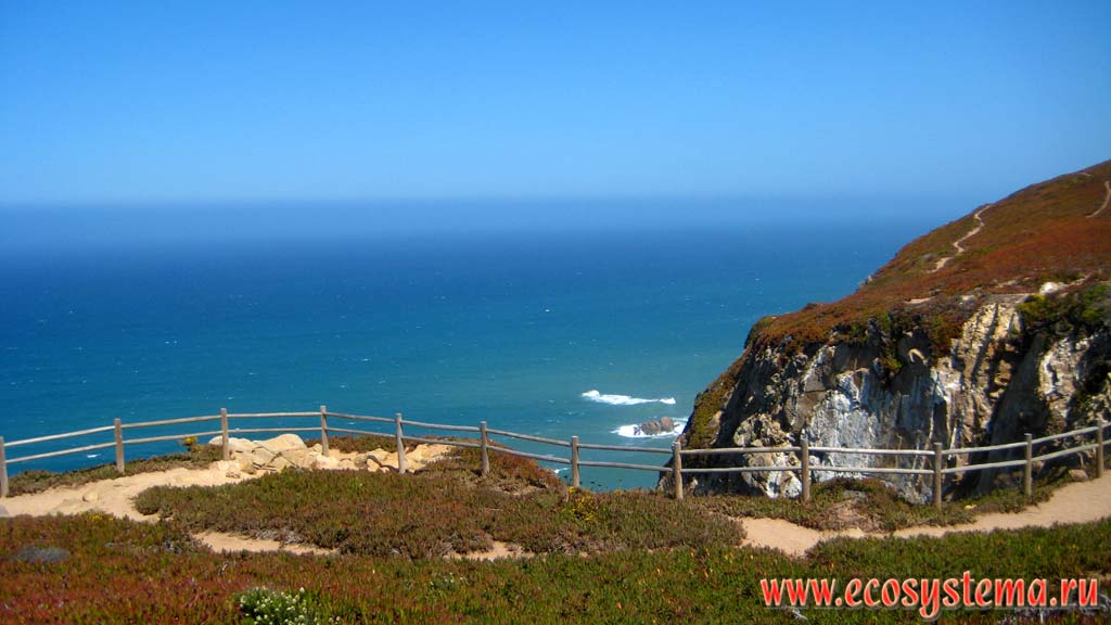 Roco Cape (Cabo da Roca) in the Atlantic Ocean - the extreme western point of Eurasia mainland. National Park of Sintra-Cascais on the west coast of Portugal. Iberian Peninsula