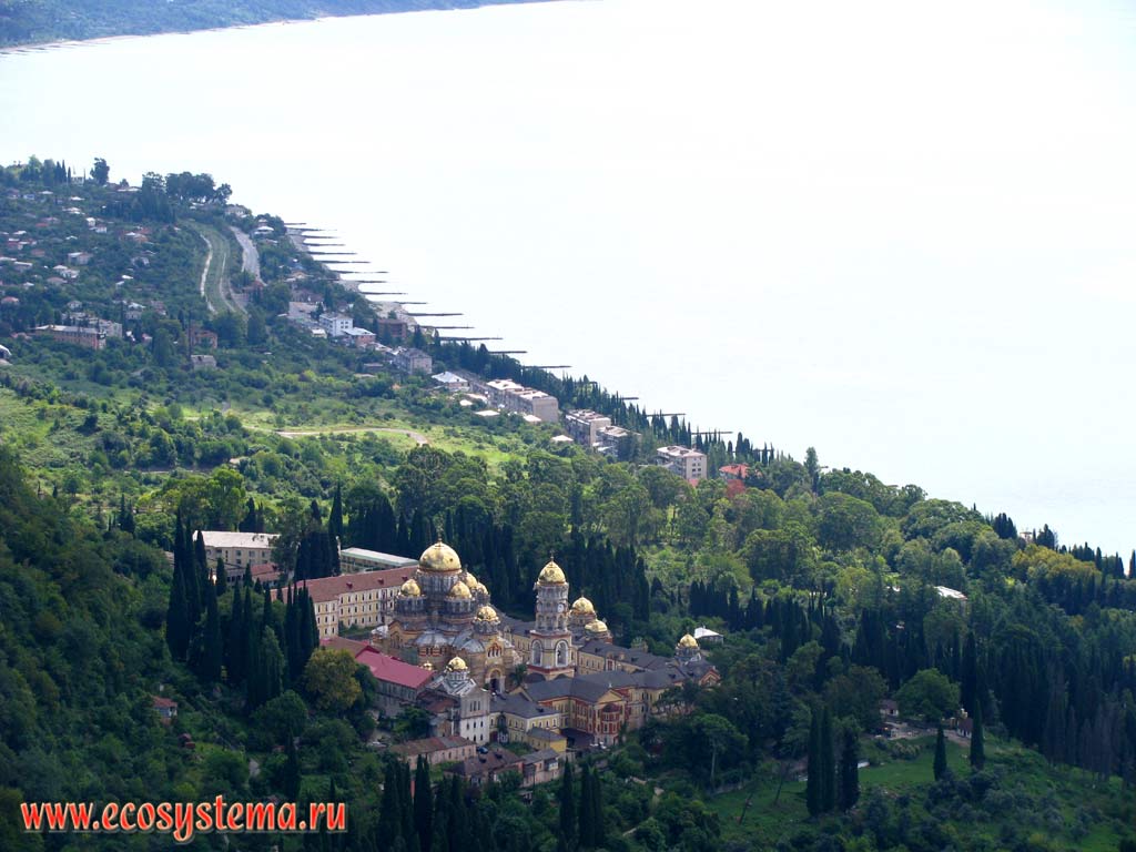 View of the New Athos Monastery, Athos Bay and the Black Sea coast. Western Caucasus, the Republic of Abkhazia