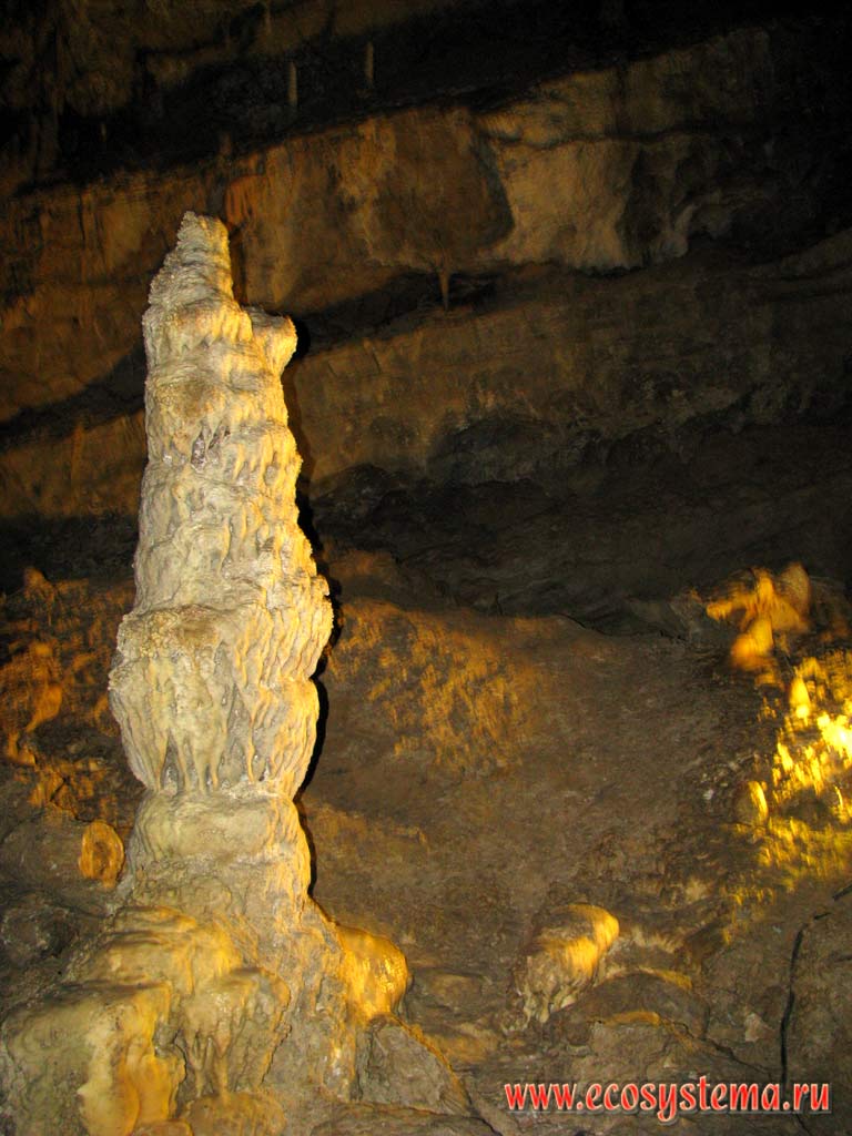 Stalagmite - sinter-drip formation of calcite in the Hall "Ayuhaa", New Athos karst cave at the foot of Apsar (Iver) mountain. Western Caucasus, the Republic of Abkhazia