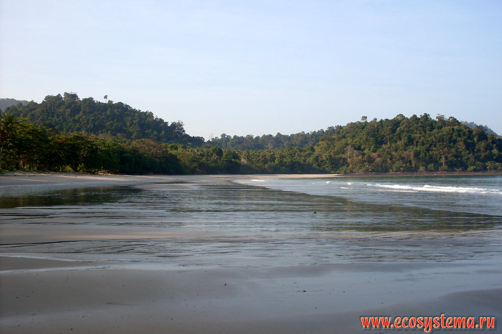 Wide sandy Molae beach (Ao Molae, Molae Bay) at low tide in the West Central part of the Tarutao Island (Ko Tarutao), on the coast of the Malacca Strait of Andaman Sea