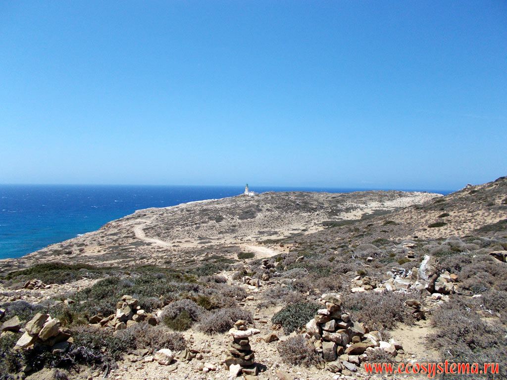 Far, outstanding in the sea part of the Prasonisi Peninsula, covered with garrigue (phrygana) - a sparse plant community with predominance of low-growing, mainly evergreen xerophytic shrubs and dwarf shrubs
