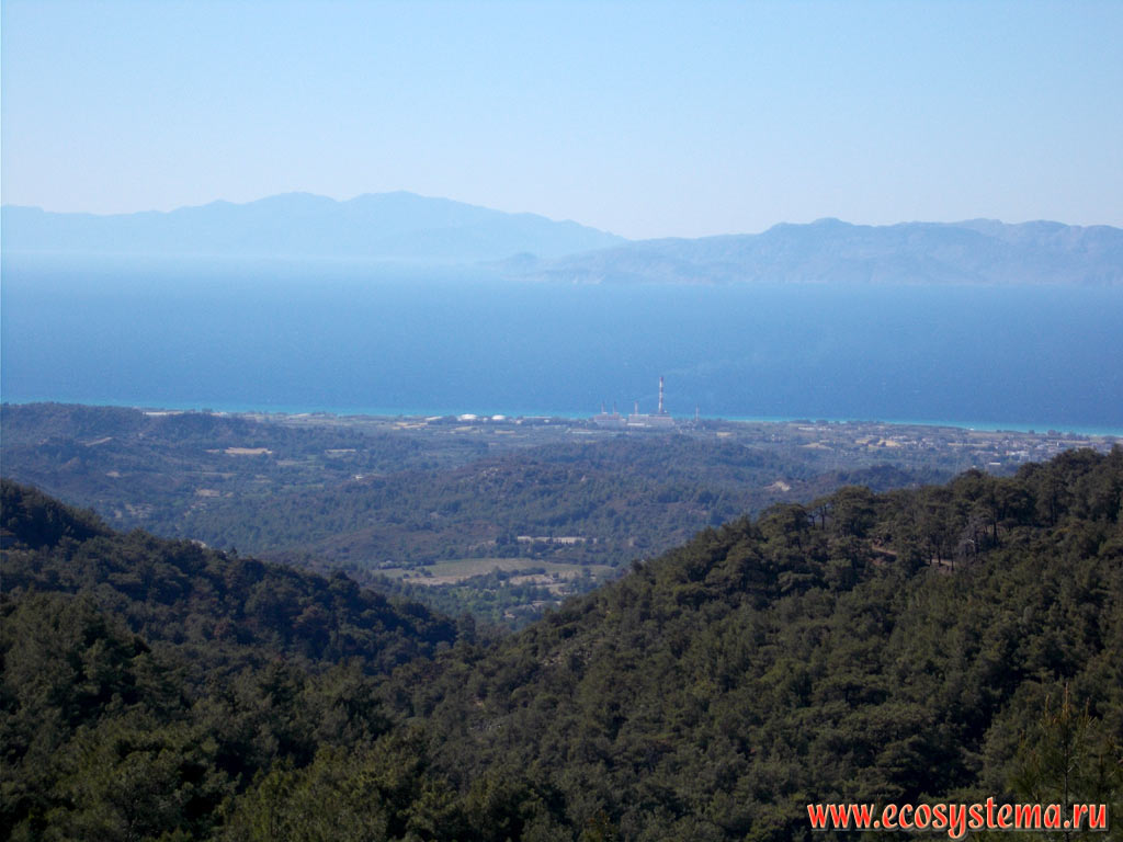 Panorama of the West coast of the island of Rhodes, covered with light coniferous forest with predominance of Pine (Pinus) and Juniper trees (Juniperus), as well as the Straits of the Cretan (Aegean) Sea, the island of Simi (Greece) and the Peninsula of Marmaris (Turkey)