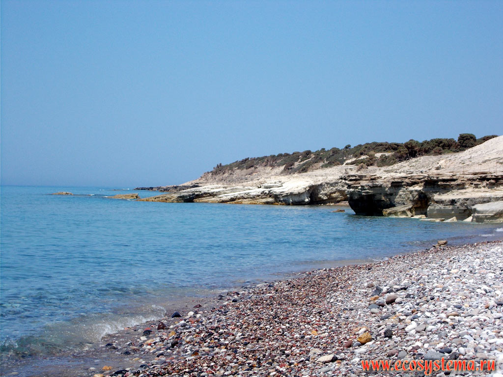 Абразионный берег Эгейского моря с клифами (скальными обрывами) и галечниковый пляж на северо-западном побережье острова Кос на полуострове Кефалос