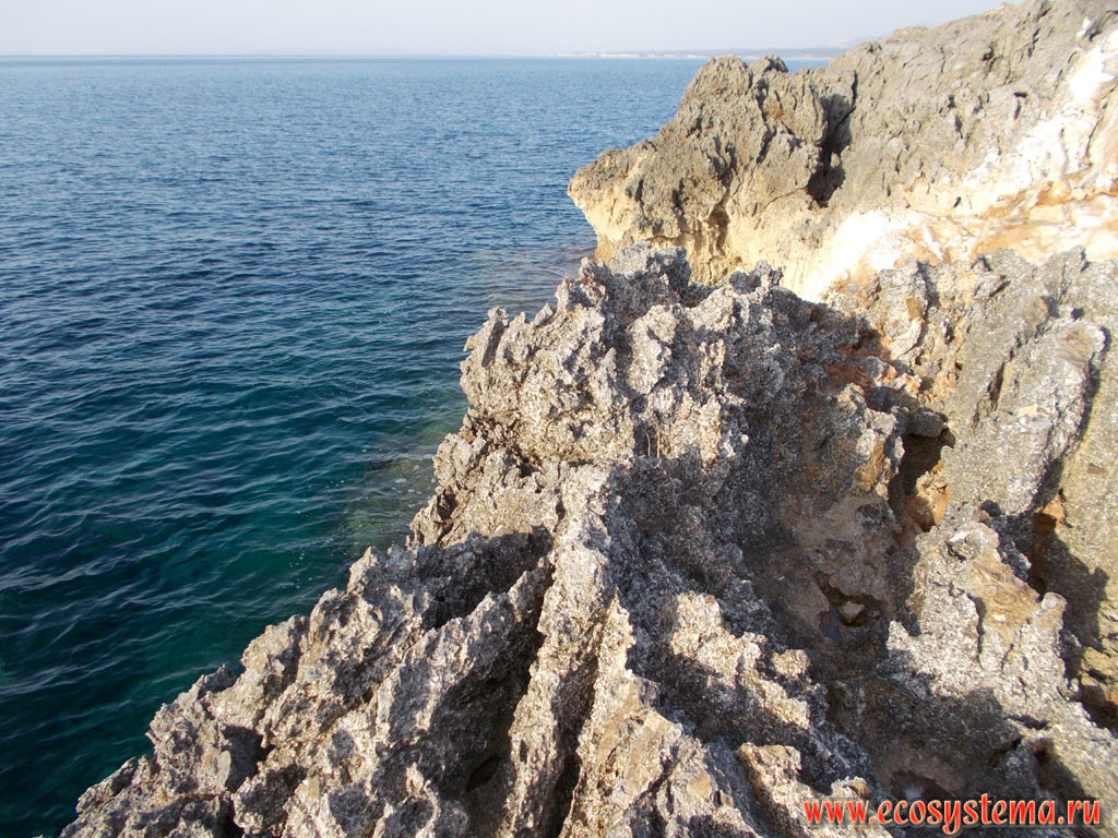 Abrasive shore of the Aegean Sea with rocky cliffs on the North-West coast of the island of Kos on the Kefalos Peninsula