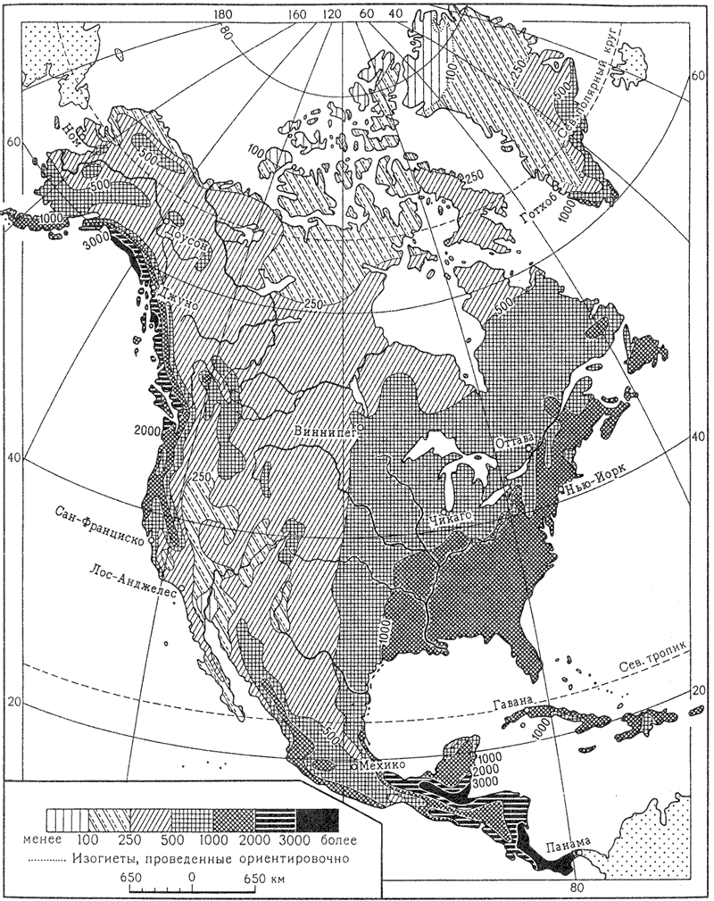 Среднегодовое количество осадков в Северной Америке, мм