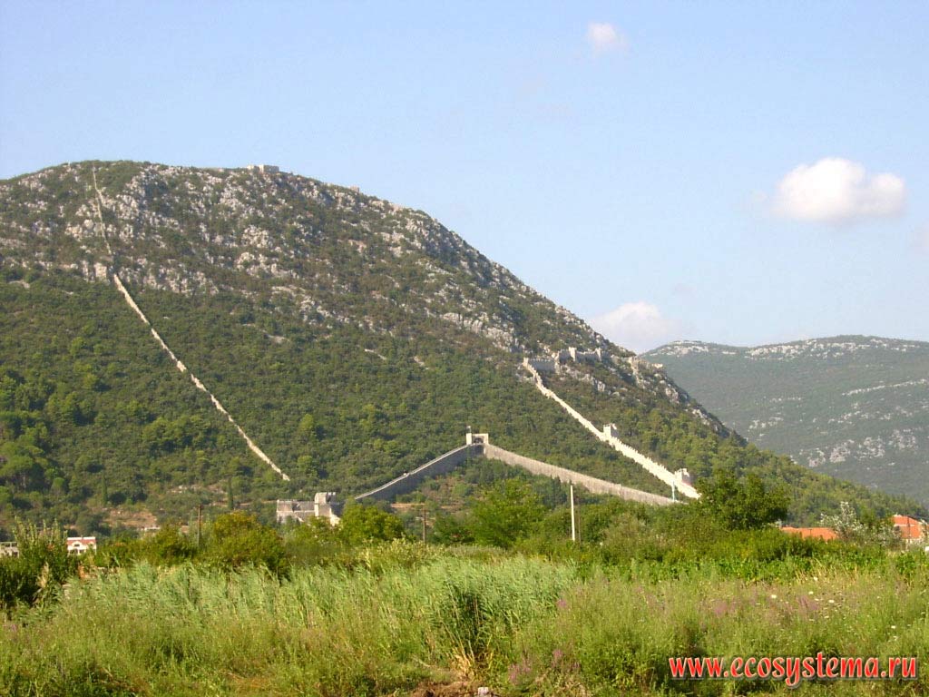 Stari Grad Mountain at Peljesac peninsula and Rome Empire fortifications near Ston