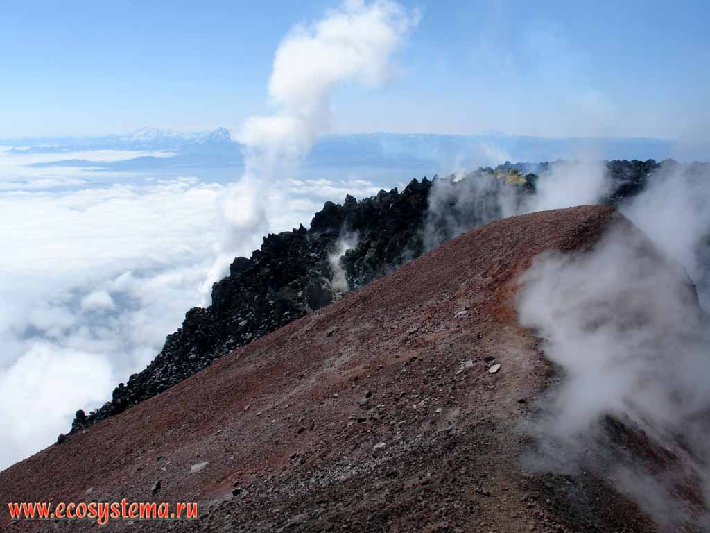External crater edge of the Avachinsky volcano (altitude - 2740 meters above sea level).
Volcanic lava stopper (plug) in the distance (black)