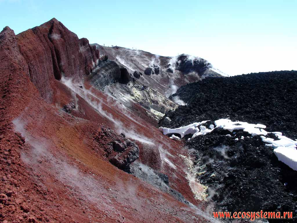 Внутренний склон кратера вулкана Авачинский.
В центре - фумарольная щель с отложениями серы, справа - лавовая пробка