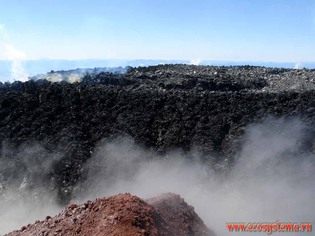 Лавовая пробка в кратере вулкана Авачинский.
Мелкие фумаролы и отложения самородной серы на лаве
