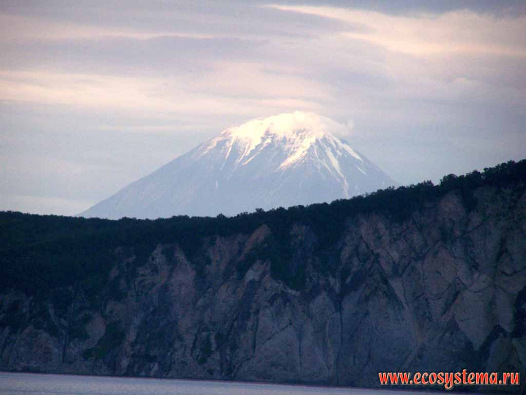 Viluchinsky Volcano (height 2175 meters above sea level).
View from the Sarannaya Bay (Pacific Ocean)